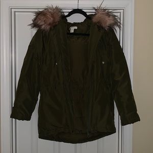 Army Green Winter Coat w Pink Fur Hood